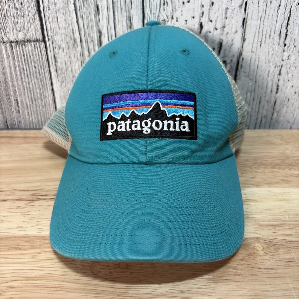 Patagonia Snap Back Mountain Logo Trucker Baseball Cap Hat Teal With Tan Mesh